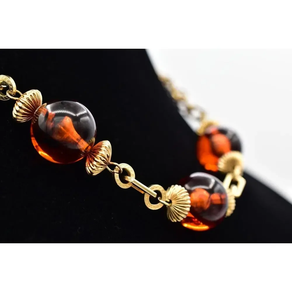 Vintage Collar Necklace Tortoise Station Gold Tone Chain Chunky 1980s BinBJ